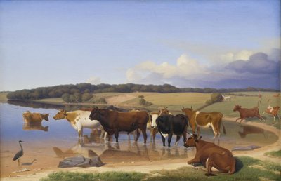 Un troupeau de vaches cherchant la fraîcheur dans un lac par une chaude journée d
