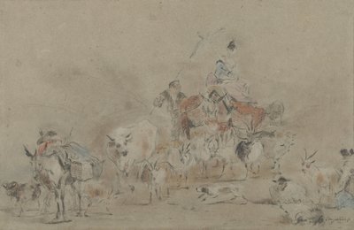 Troupeau en marche avec une bergère sur un mulet - Jérôme François Chantereau