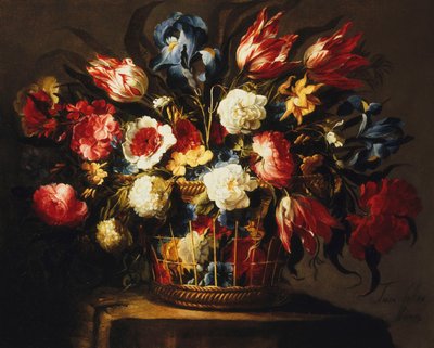 Fleurs dans un panier sur un rebord de pierre - Juan de Arellano