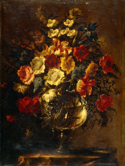 Fleurs dans un vase en verre sur un rocher - Juan de Arellano