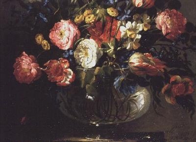Roses, tulipes, jacinthes et jasmin dans un vase en verre - Juan de Arellano