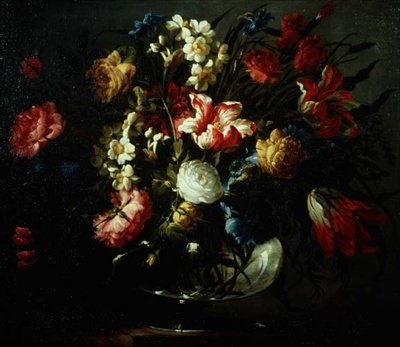 Tulipes, œillets et narcisses dans un vase en verre - Juan de Arellano