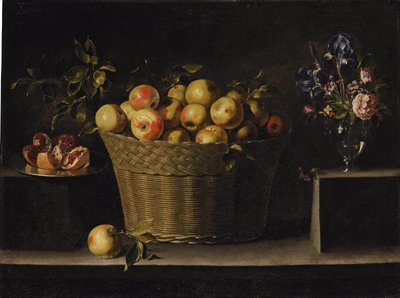 Pommes dans un panier en osier, grenade ouverte sur un plateau en argent et roses, iris et autres fleurs dans un vase en verre, sur un rebord en pierre. - Juan de Zurbaran