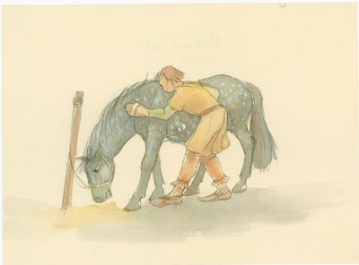 Un palefrenier médiéval brossant un cheval, 2004 - Judith Dobie