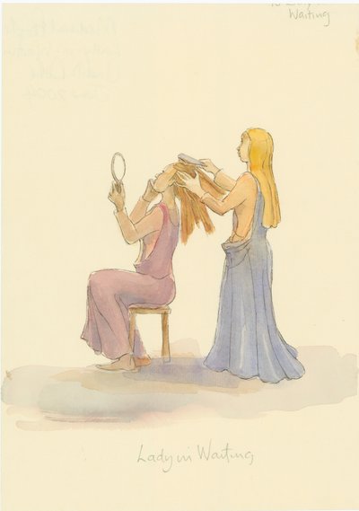 Une dame médiévale attendant, brossant les cheveux d