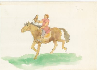 Un homme médiéval, montrant à cheval avec un oiseau de proie sur son bras - Judith Dobie