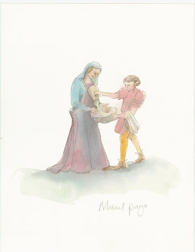 Un page médiéval aidant une dame à se laver les mains - Judith Dobie