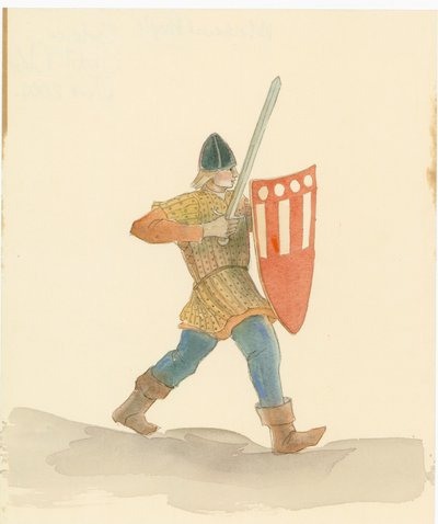Un soldat médiéval portant une longue épée dans sa main droite et un bouclier dans sa main gauche, 2004 - Judith Dobie