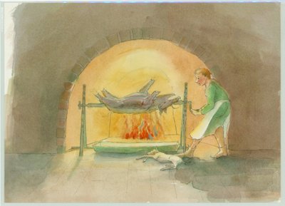 Un garçon de cuisine médiéval, qui tourne une broche, 2004 - Judith Dobie