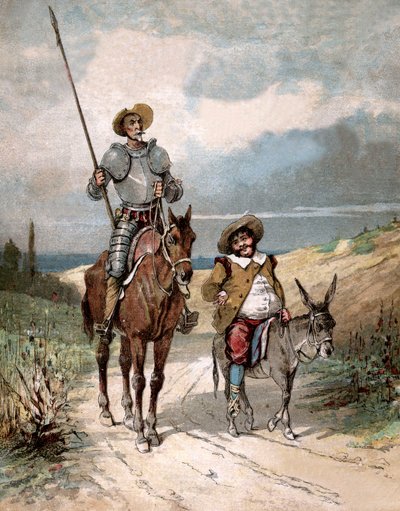 Don Quichotte et Sancho Panza, illustration du livre de Miguel de Cervantes "Histoire de Don Quichotte", gravure d