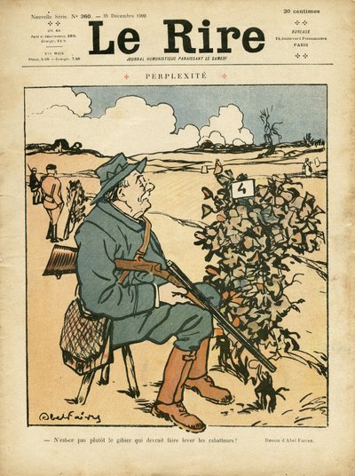 Illustration par Abel Faivre (1867-1945) pour la couverture de Le Rire, 25/12/09 - Perplexité - Campagne, Loisirs, Chasse - Jules Abel Faivre