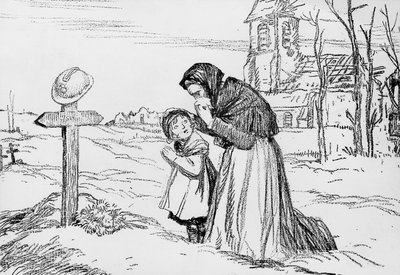 Veuve et sa petite fille pleurant sur la tombe de leur père et mari pendant la Première Guerre mondiale, 1er novembre - Jules Abel Faivre