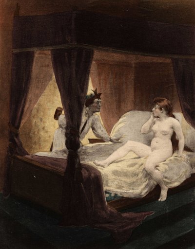 Le Grand Thibeault cache un maillet derrière son dos. Sa femme est allongée sur le lit. Pantagruel. Illustration de Jules Garnier. Dans "Rabelais et l