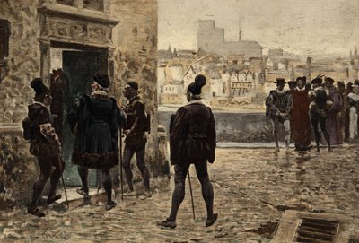 Maître Janotus (Ianotus) de Bragmardo devant la maison parisienne de Gargantua. Gargantua. Illustration de Jules Garnier. Dans "Rabelais et l