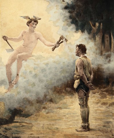 Mercure (Hermès) tendant trois haches à Couillatris, un bûcheron du village de Gravot, près de Chinon. Pantagruel. Illustration de Jules Garnier. Dans "Rabelais et l