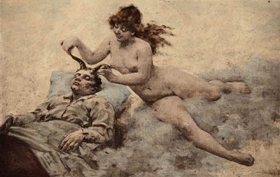 Rêve de Panurge : une femme vient lui planter deux cornes sur la tête. Pantagruel. Illustration de Jules Garnier. Dans "Rabelais et l