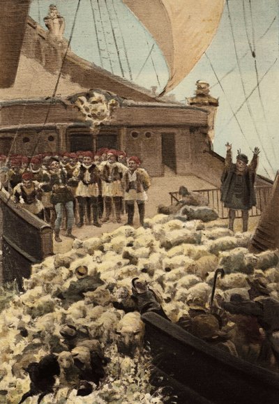 Moutons de Panurge : sur le bateau de Dindenaut (Dindenault), moutons et marchands se jetant à la mer. Pantagruel. Illustration de Jules Garnier. Rabelais et l