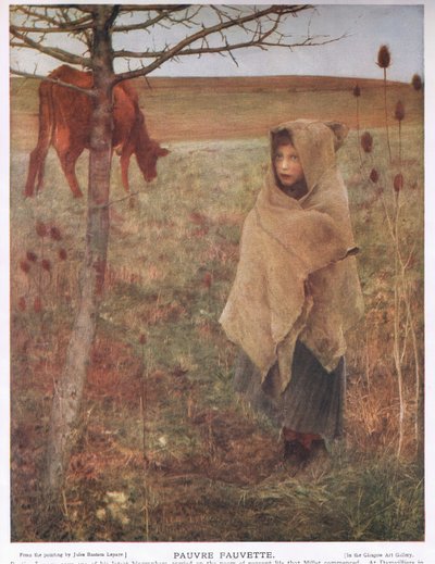 France, petite; fille; Fauvette; vache; rural; pauvre; vêtements - Jules Bastien Lepage