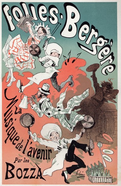 Art. Divertissement. La musique du futur par les Bozza. Affiche de Jules Chéret pour un spectacle aux Folies Bergère, Paris, vers 1880 - Jules Cheret
