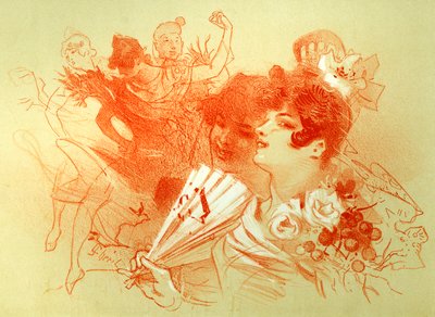 Au bal - dessin (sanguine) par Jules Chéret (1836 - 1932) - jeunes femmes et danseurs - danse - collection privée - Jules Cheret