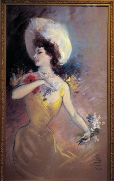 Jeune femme avec chapeau et bouquet de fleurs - Jules Cheret