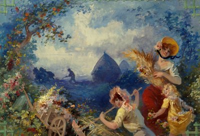 La Terre, allégorie représentant des jeunes femmes tenant des gerbes de blé sur fond de moisson - Jules Cheret