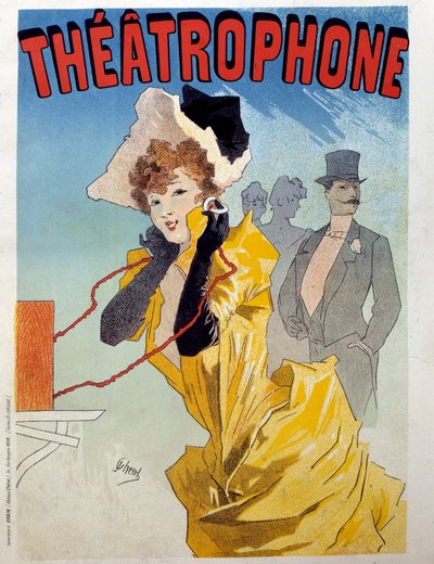 Affiche pour le Théâtrophone : une jeune élégante écoute une pièce de théâtre aux auditeurs. Illustration de Jules Chéret (1836-1932) 19ème siècle Paris, Arts Décoratifs - Jules Cheret