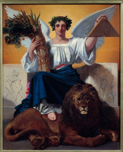 La République. Allégorie représentant la république comme une femme ange portant une couronne symbole de liberté, tenant le faisceau, symbole de fraternité, et le delta, symbole d