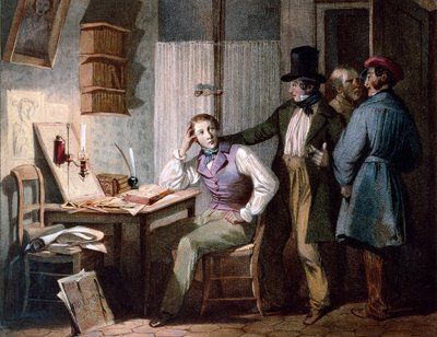 Étude. Un étudiant studieux à son bureau reste au travail pendant que ses amis sortent. Gravure en couleur de Jules David (19e siècle). Paris, Musée Carnavalet - Jules David
