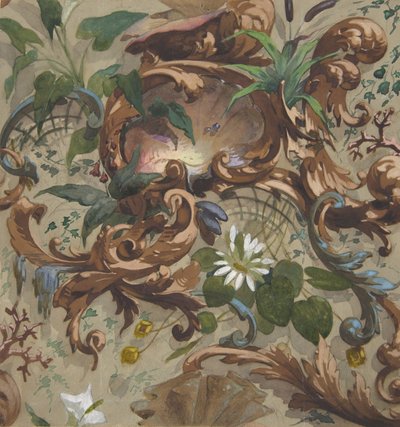 Conception pour papier peint avec coquillages, nénuphars et quenouilles, 1830-97. Créateurs : Jules-Edmond-Charles Lachaise, Eugène-Pierre Gourdet - Jules Edmond Charles Lachaise and Eugène Pierre Gourdet