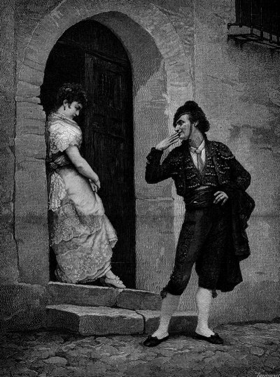 Le départ du torero pour la course. XIXe siècle. Gravure d