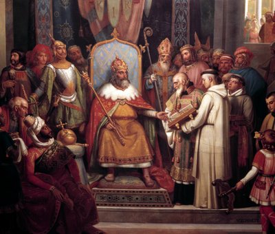 Charlemagne entouré de ses principaux officiers, reçoit Alcuin, qui introduit des manuscrits, une œuvre de ses moines en 781 (détail) - Jules Laure