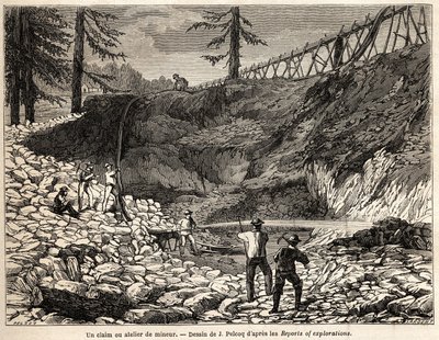 Une concession minière ou atelier en Californie, dessin de Jules Pelcoq, pour illustrer le voyage du Baron de Wogan en Californie en 1850-1852. Gravure dans « Le tour du monde, nouveau journal des voyages » Paris - Jules Pelcoq