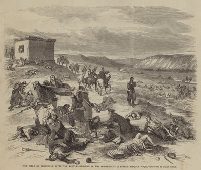 Le champ de Tchernaïa, après la bataille, apportant les blessés à une maison de piquet française - Julian Portch