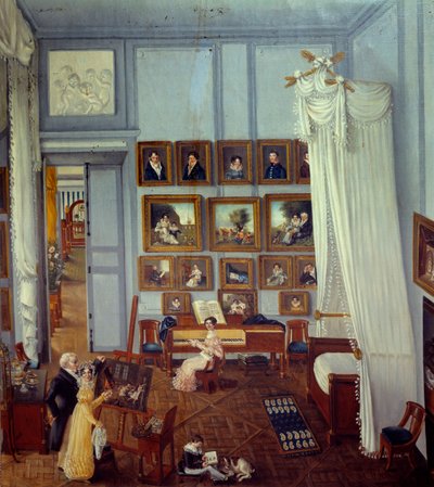 Vue intérieure de la résidence du chevalier Pradel de Saint Charles Un grand lit à baldaquin orne la pièce utilisée comme atelier. Un enfant joue et une jeune femme est devant un piano - Julie Pradel