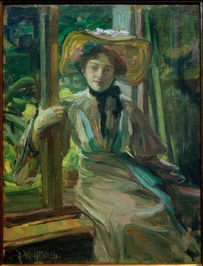 Fille avec chapeau devant une fenêtre ouverte - Julie Wolfthorn