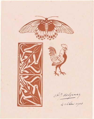 Papillon, coq et feuillage - Julie de Graag (signed by artist)