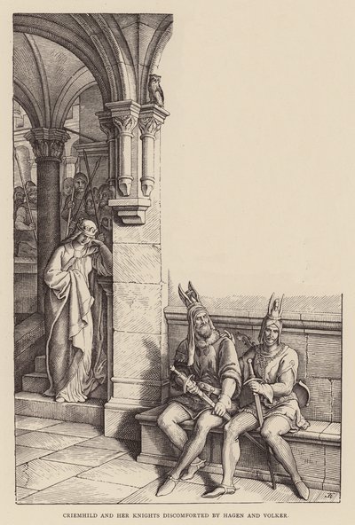 Criemhild et ses chevaliers déconcertés par Hagen et Volker - Julius (after) Schnorr von Carolsfeld