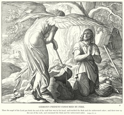Le présent de Gédéon consumé par le feu (gravure) - Julius (after) Schnorr von Carolsfeld