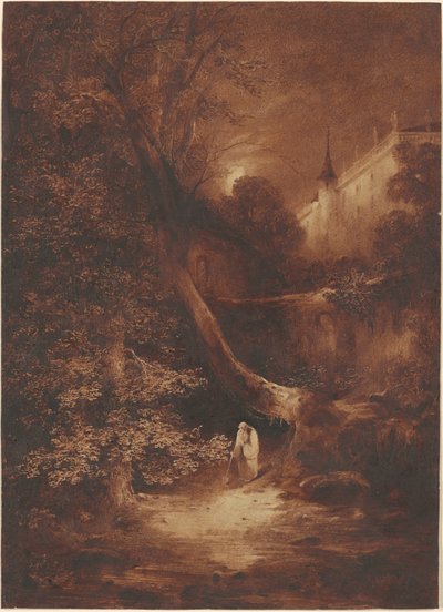 Paysage au clair de lune avec un moine marchant près d