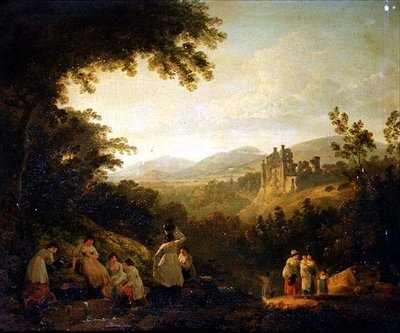 Paysage boisé avec lavandières près d