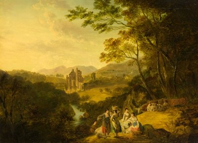Château de Rosslyn avec blanchisseuses et bétail - Julius Caesar Ibbetson
