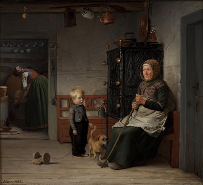 Une femme pauvre attendant une chope de bière dans une maison paysanne - Julius Exner