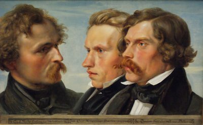 Jeune Düsseldorf. Portrait de groupe des peintres Karl Friedrich Lessing, Carl Ferdinand Sohn et Theodor Hildebrandt, 1839 - Julius Huebner