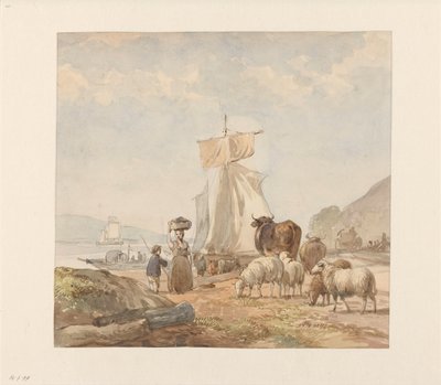 Figures avec bétail au bord de la rivière avec un bac - Julius Jacobus van de Sande Bakhuyzen