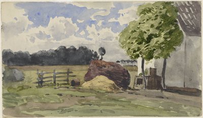 Tas de bois pour une ferme dans le pré - Julius Jacobus van de Sande Bakhuyzen