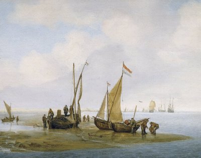 Pêche aux moules, trois bateaux de pêche néerlandais sur le rivage, dont l