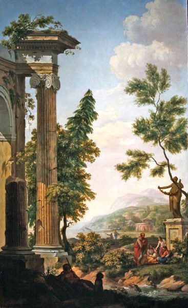 Paysage arcadien avec des ruines classiques et des figures au bord d