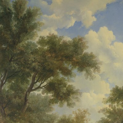 Paysage arcadien avec un temple à gauche et un vieil homme assis au premier plan - Jurriaan Andriessen