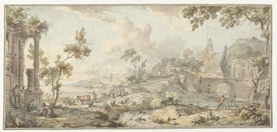 Projet pour une peinture murale avec paysage côtier du sud et pyramide - Jurriaan Andriessen